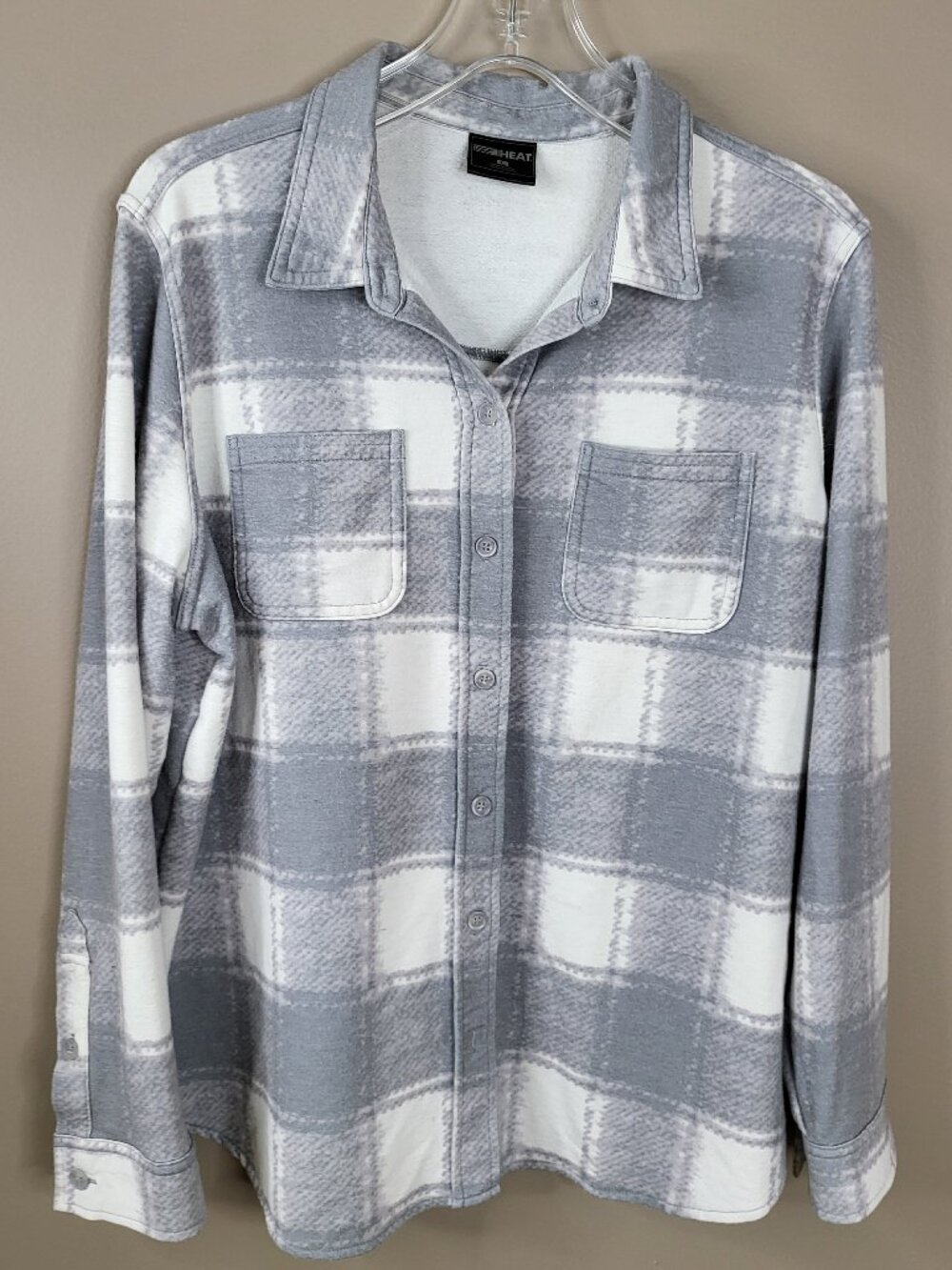 32 Degrees Heat Gray White Plaid Fleece Shacket Button Front Shirt Jacket L
